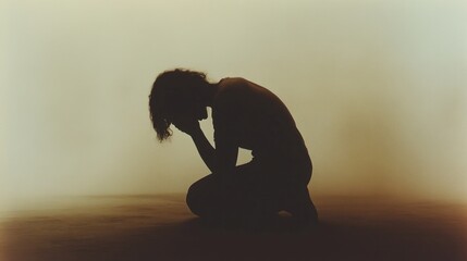 Wall Mural - Silhouette of a woman sitting on the floor in the dark, praying, hands holding her head.