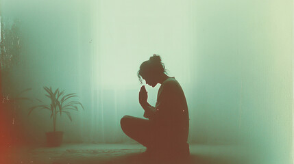 Silhouette of a sad woman sitting on the floor and praying.