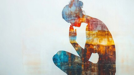 Wall Mural - Silhouette of a praying woman on a grunge abstract background.