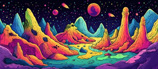 Doodle inspired alien landscape featuring large craters designed as a coloring page for adults Vibrant psychedelic graphic art in a simple flat 2d style