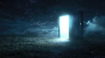 Surreal illustration featuring an open door emitting bright light onto a nighttime landscape with grass A creative and minimalistic ambient art concept in modern realistic style 3D rendering