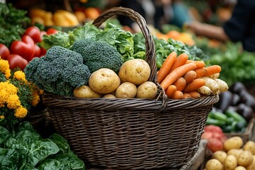 Wall Mural - A basket filled with fresh vegetables at a market.