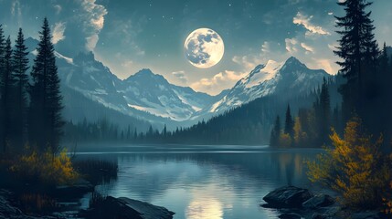 Sticker - Full moon shining on calm mountain lake painting image