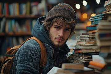 Poster - a young adult constructing a wooden bookshelf, following a guide they researched themselves. concept