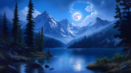 Wall Mural - Painting of mountain lake bathed in moonlight image