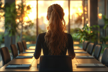 Poster - A woman confidently giving a presentation in a boardroom, handling it solo. Concept of professional independence and self-confidence.