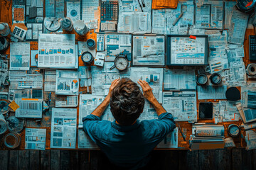 Poster - A person managing multiple tasks at a workstation, demonstrating time management skills. Concept of self-discipline and productivity.