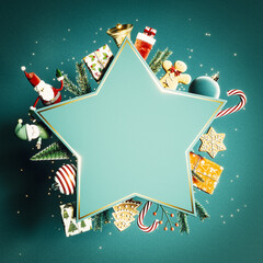 Wall Mural - empty green star shape surrounded with christmas decoration on green background. christmas scene wit