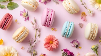 Assorted colorful macarons with fresh flowers on pastel background. Gourmet and floral aesthetics.
