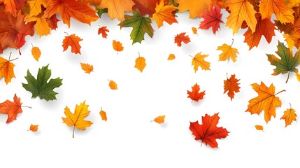 Autumn seasonal background with long horizontal border made of falling autumn green, golden, red and orange colored leaves isolated on background. Hello autumn vector illustration
