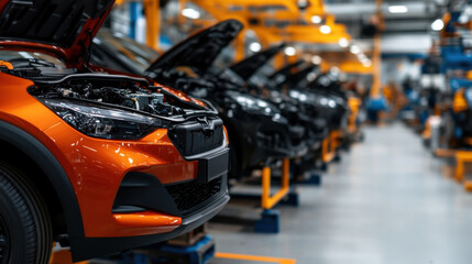 Wall Mural - Close-up view of cars in an automotive factory assembly line, with orange and black vehicles in focus, hood raised for inspection.