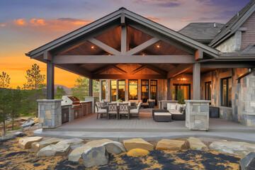 At sunset, the façade of a new luxury home. features an outdoor kitchen and furniture.