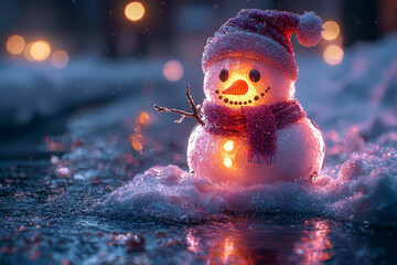 Wall Mural - A snowman melting under a heat lamp in an attempt to stay warm, representing climate change's impact on winter traditions. Concept of environmental issues during the holidays.