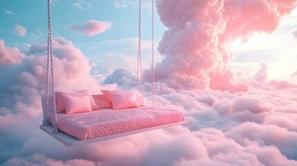 Dreamy pink bed and swing amidst fluffy clouds picture