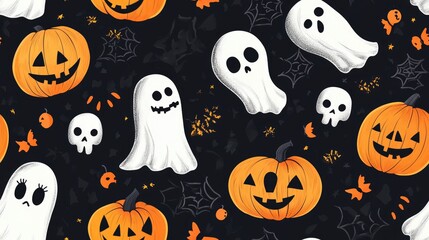 Halloween themed seamless pattern featuring cartoon pumpkins ghosts and skulls suitable for wrapping paper fabrics clothing prints for children festive packaging and autumn accessories