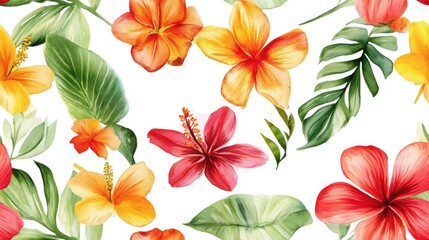 Pattern featuring vibrant watercolor tropical flowers and leaves on a white background Realistic depiction of tropical foliage and blooms