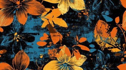 Sticker - Textile print featuring a floral pattern with abstract flowers suitable for bed linen jackets package design fabric and fashion concepts Grunge background in black orange and blue Abstract seamless