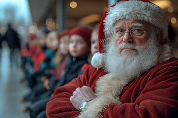 Wall Mural - A mall Santa nervously checking his watch, with a long line of impatient children waiting. Concept of holiday rush and commercial pressures.