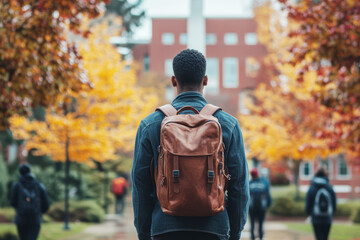 Black student with a brown backpack at school or university campus ready for learning, goals or targets. Education, scholarship and learning concept.