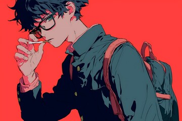 Wall Mural - Anime boy with glasses and backpack on a red background