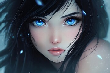 Sticker - Close up Portrait of Woman with Blue Eyes and Black Hair