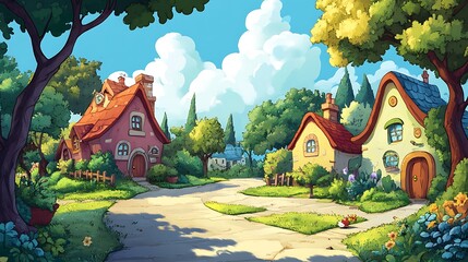 Cute cartoon illustration of houses in a small village with green grass and trees.  Fantasy world concept