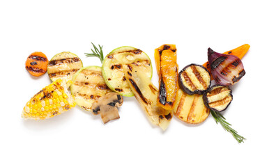 Wall Mural - Delicious grilled vegetables on white background