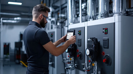 Wall Mural - Technician checks industrial machinery using a tablet for data monitoring, ensuring smooth operation in a high-tech facility.