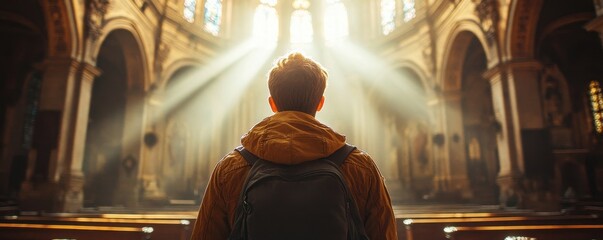 Back view of a person wearing a jacket, centered in a church with detailed arches, sunrays filtering through, photorealistic, symmetrical interior