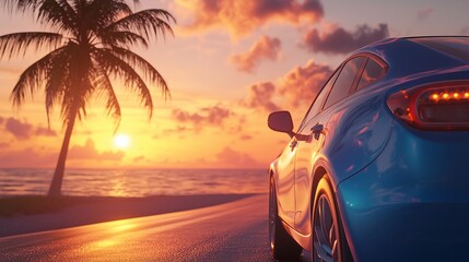 Wall Mural - Hatchback car travel driving road trip of woman summer vacation in blue car at sunsetgirls happy traveling enjoy holidays and relaxation with friends together get the atmosphere and go to destination.