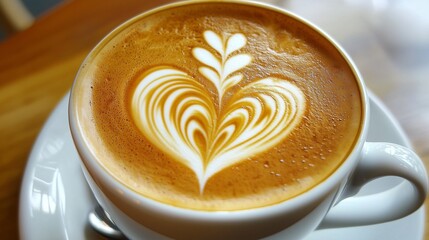 Nice texture of latte art on hot latte coffee . milk foam in heart shape leaf tree on top of latte art from professional barista artist.