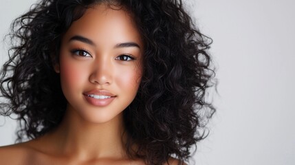 Close up studio shot of beautiful young mixed race woman model with curly dark hair looking at camera with charming cute smile while posing against white blank copy space wall for your content.