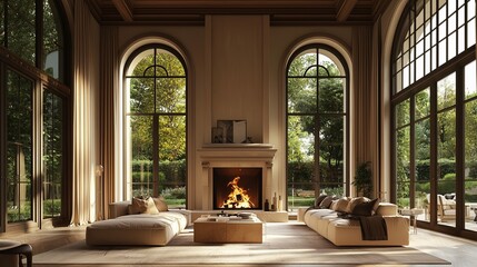 Beautiful living room in new luxury home with fireplace and roaring fire. large bank of windows hints at exterior view.