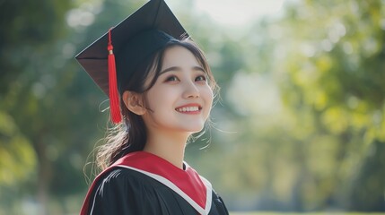 Young happy asian woman university graduate in graduation gown and cap in the college campus. education stock photo.