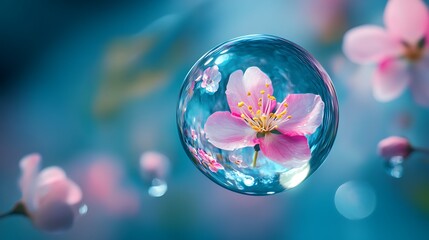 Wall Mural - Pink flower trapped inside a water bubble, floating in blue sky with others blurred in the background.