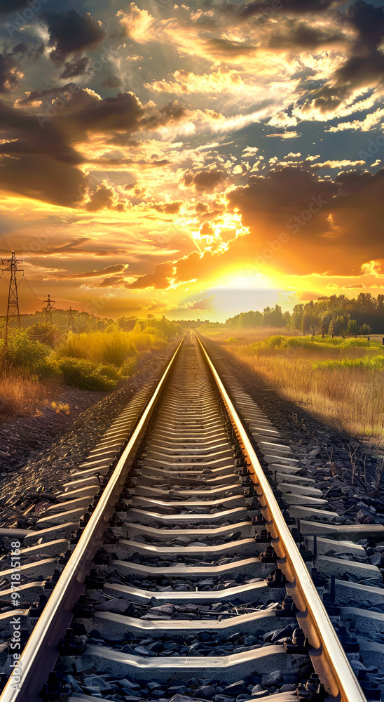 A railroad track going to the horizon. Rails surrounded by nature at sunset. Without the train. Travel concept.
