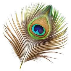 Single peacock feather closeup Isolated on transparent background.