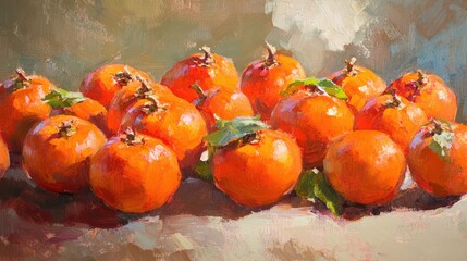 Wall Mural - Vibrant oil painting of persimmons showcasing their rich colors and unique texture