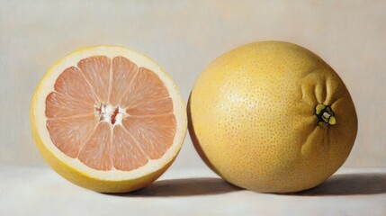 Oil painting of whole and halved white grapefruit detailed close up isolated on a light background fruit imagery