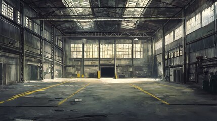 Sticker - Empty industrial warehouse with large windows and yellow lines