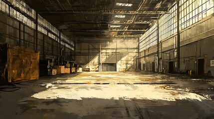 Poster - Empty Industrial Warehouse with Sunlight Streaming In