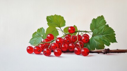 Wall Mural - Oil painting of red currants and leaves on a white background showcasing the vibrant red berries against a clean simple backdrop