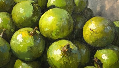 Wall Mural - Oil painting showcasing a pile of fresh green round eggplant vegetables