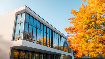 Wall Mural - Modern Office Building with Fall Foliage Reflection in Windows - Architectural Design, Business, Real Estate