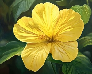 Yellow flower oil painting featuring enotera Oenothera illuminated by sunlight set against a lush green leaf backdrop macro full face