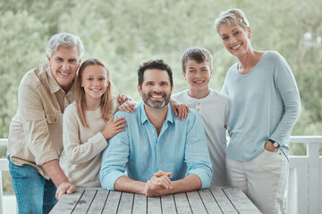 Poster - Smile, backyard or portrait of big family in home on porch to relax with love, support or care together. Group, happy or senior grandparents with children siblings for bonding or wellness in Scotland