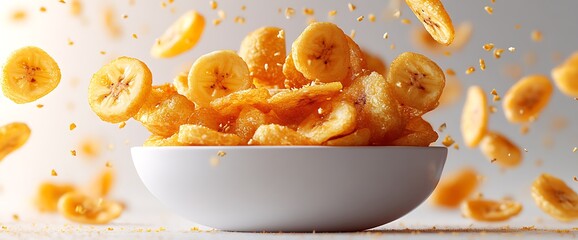 Dried banana chips falling into a white bowl against a white background.