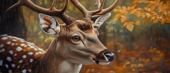 Close up oil painting of a fallow deer in a wooded setting showcasing intricate details of the animal