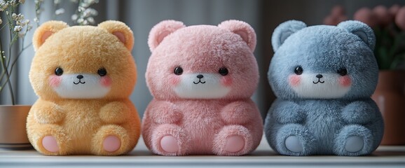 Three plush teddy bears in yellow, pink, and blue colors sitting on a white shelf.