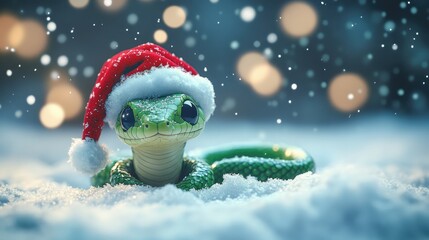 Cute little snake is sitting on the snow enjoying the falling snowflakes on a cold winter night. Symbol of 2025 year